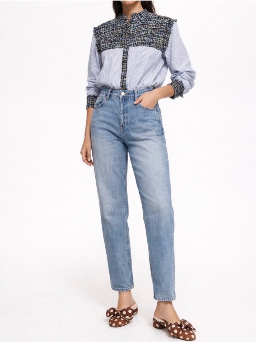 Zara textured button-front shirt in blue striped cotton - multicolor tweed